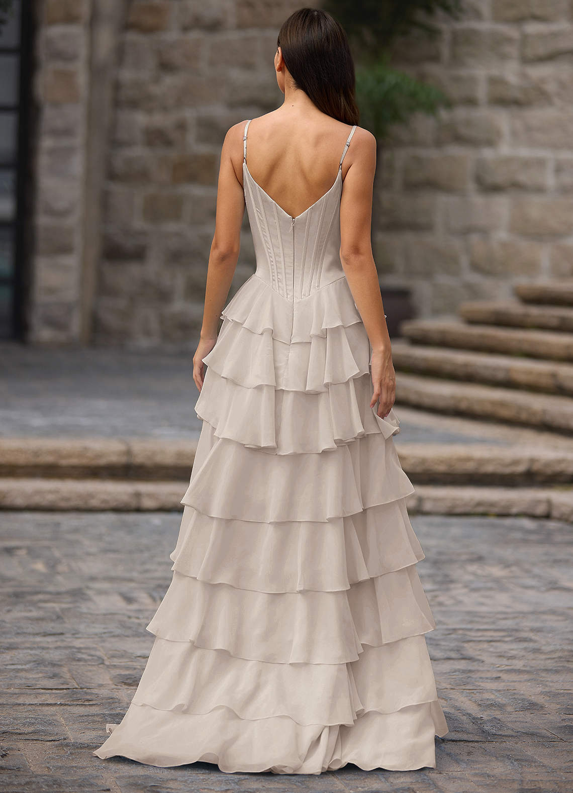 Floralace A-Line Ruffle Chiffon Evening Dress in Vanilla