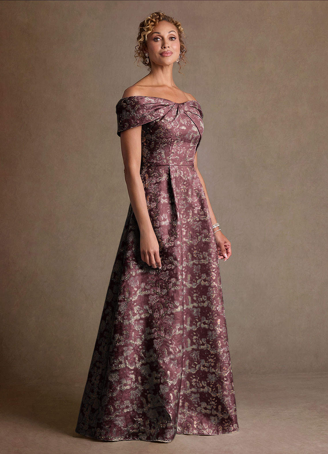 Harriett A-Line Off-the-Shoulder Jacquard Mother of the Bride Dress in Cabernet