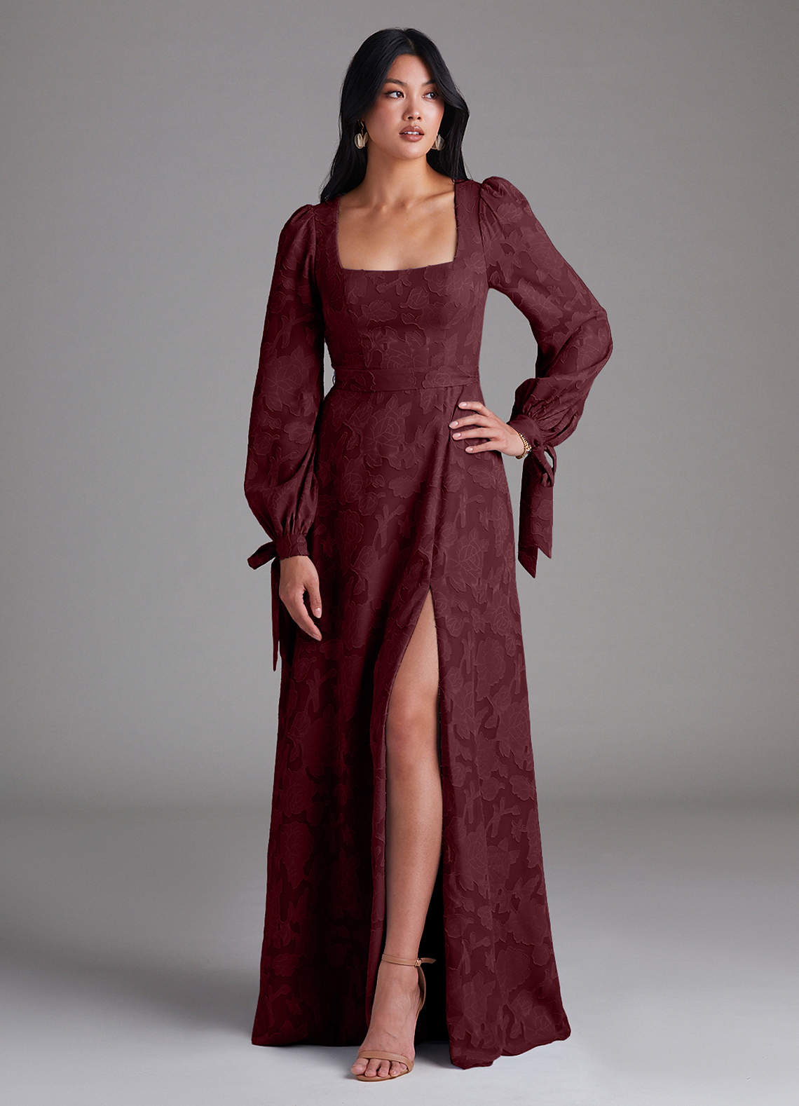 Leonia A-Line Square-Neck Stretch Satin Bridesmaid Dress in Cabernet