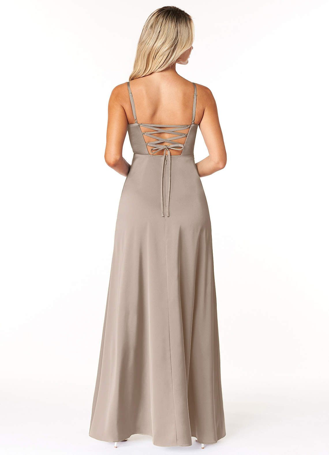 Marchella A-Line V-Neck Stretch Satin Bridesmaid Dress in Taupe