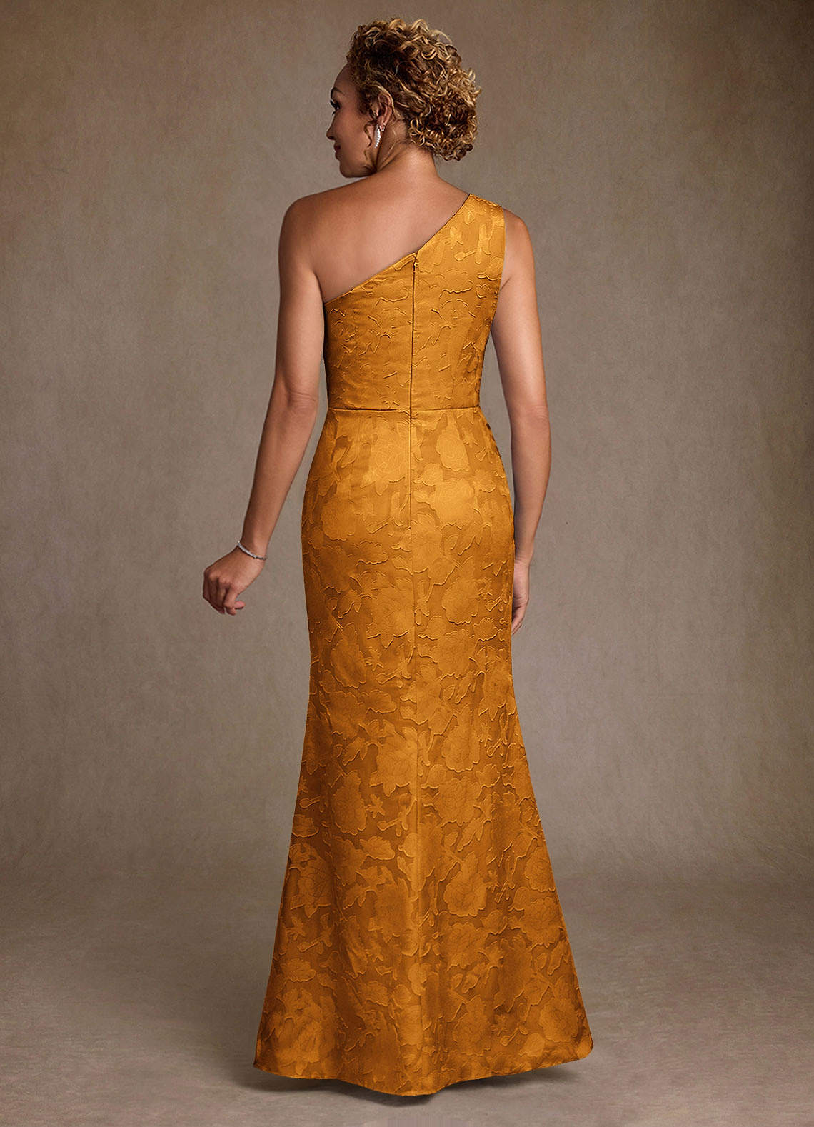 Joylin Trumpet One-Shoulder Floral Burnout Mother of the Bride Dress in butterscotch