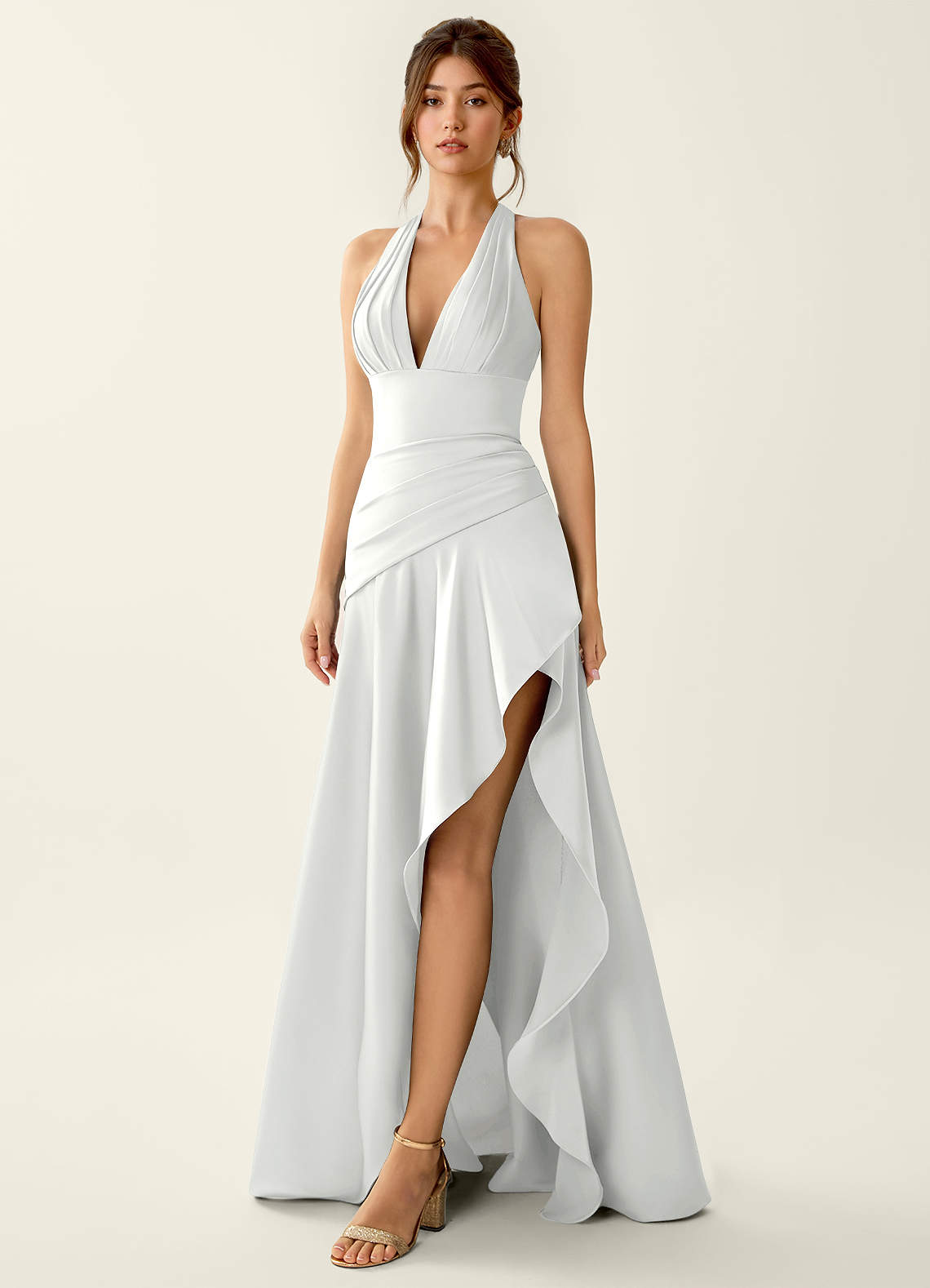 Titania Halter Asymmetric-Ruffle Satin Evening Dress in Pastel Yellow