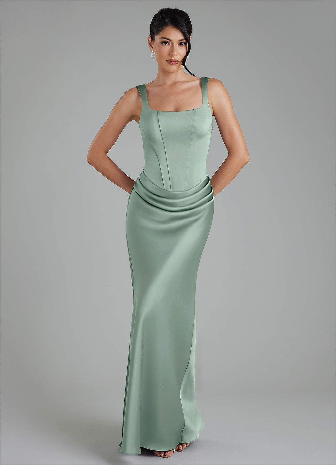 Etta Mermaid Square-Neck Stretch Satin Bridesmaid Dress in Agave
