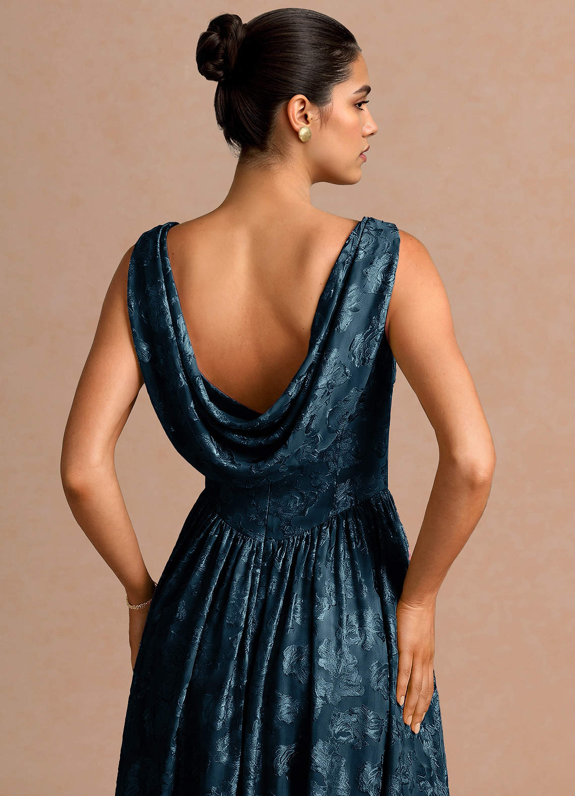Novi A-Line Draped-Neck Floral Fil Coupé Evening Dress in Navy