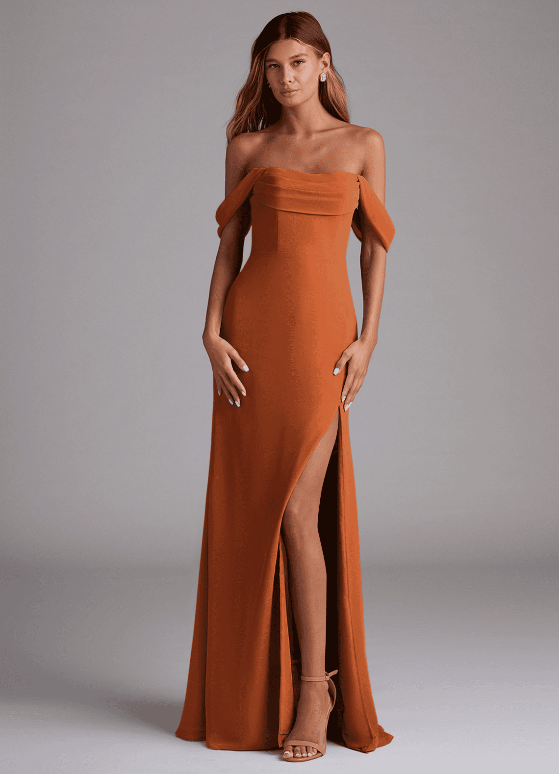 Saige A-Line Off-the-Shoulder Chiffon Bridesmaid Dress in Cinnamon