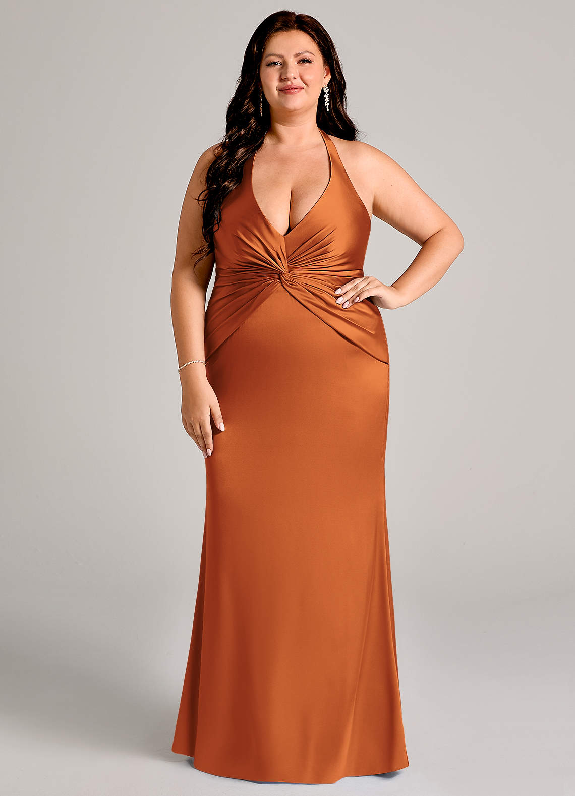 Valerie Mermaid V-Neck Stretch Satin Bridesmaid Dress in Cinnamon
