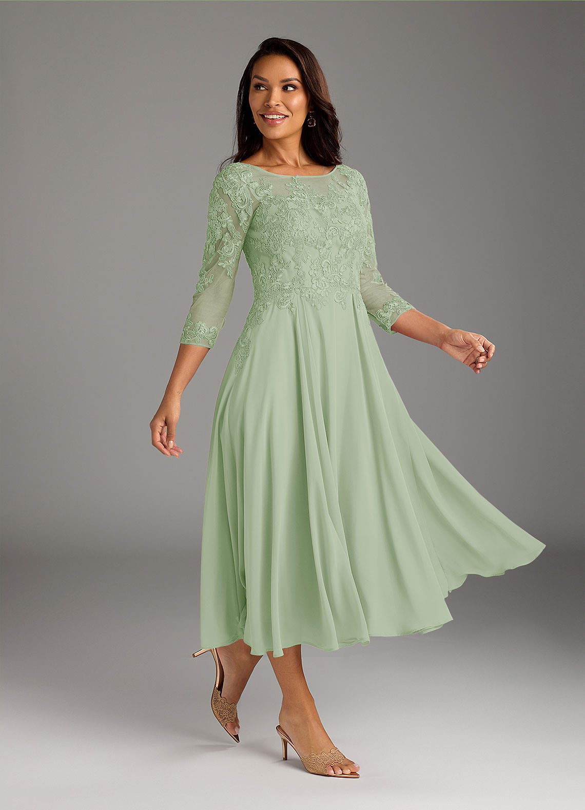 Marge A-Line Scoop-Neck Chiffon and Lace Mother of the Bride Dress in Dusty Sage