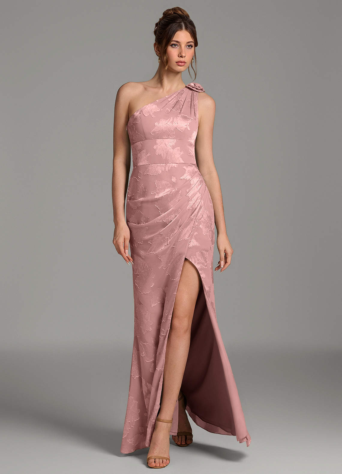 Yanie Mermaid One-Shoulder Jacquard Bridesmaid Dress in dusty rose
