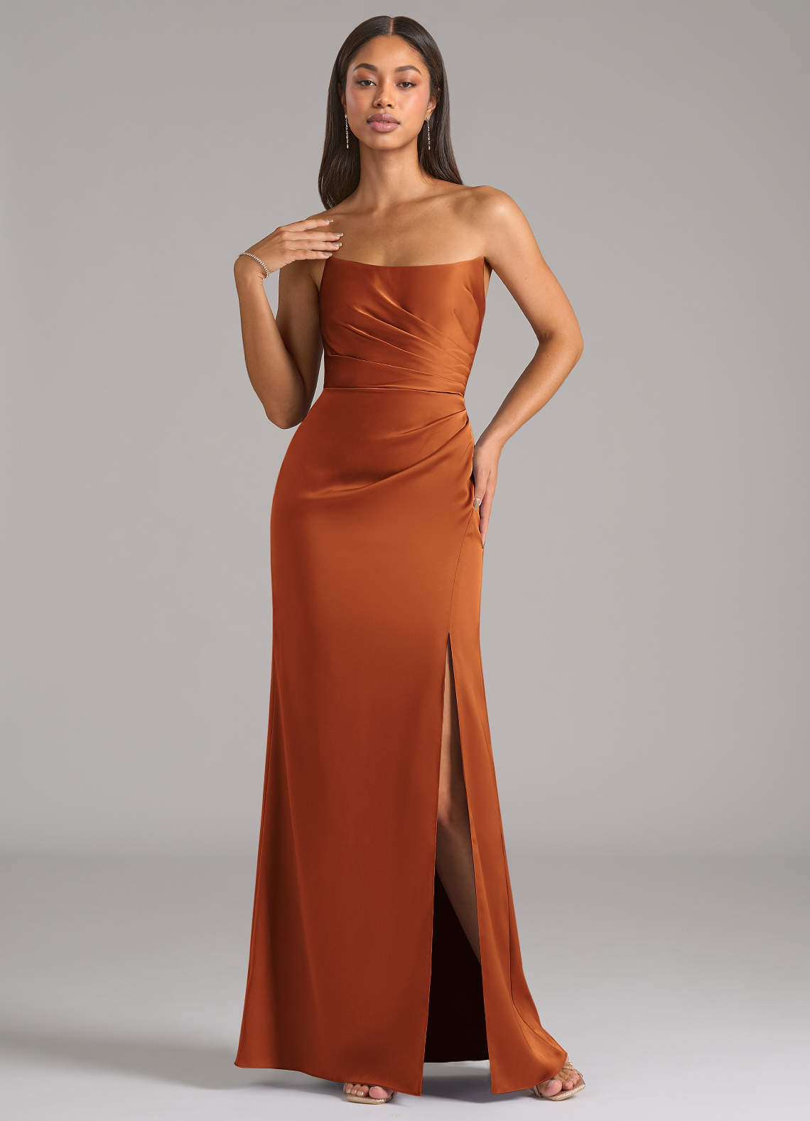 Marla Sheath Strapless Stretch Satin Bridesmaid Dress in Cinnamon