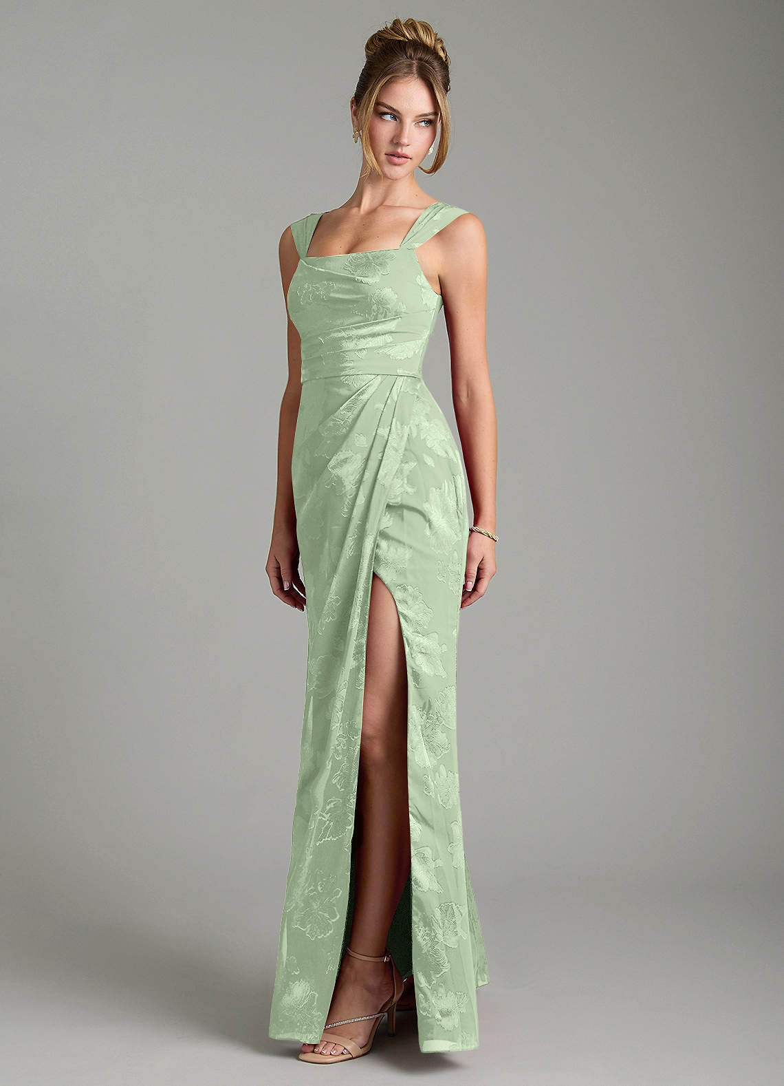 Kaelis Mermaid Scoop-Neck Jacquard Bridesmaid Dress in Dusty Sage