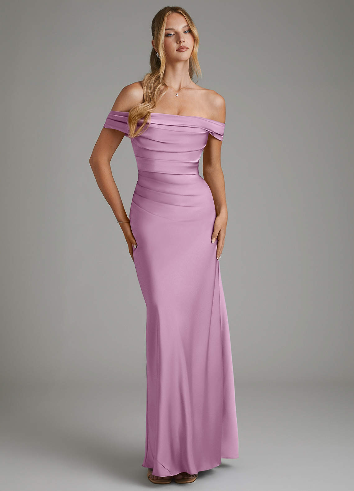 Hayden Mermaid Off-the-Shoulder Stretch Satin Bridesmaid Dress in Wisteria