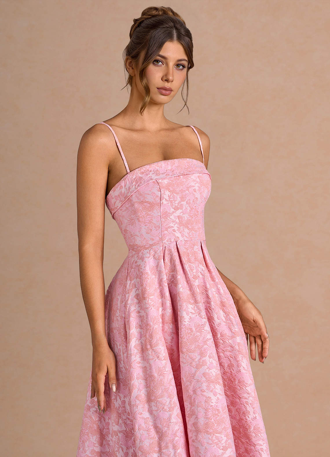 Emberlyn A-Line Strapless Jacquard Evening Dress in Pink Multi