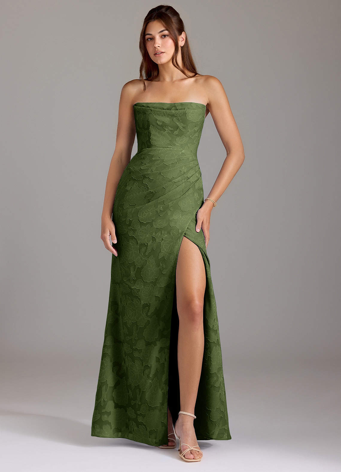 Leonis Sheath Strapless Floral Burnout Bridesmaid Dress in Olive