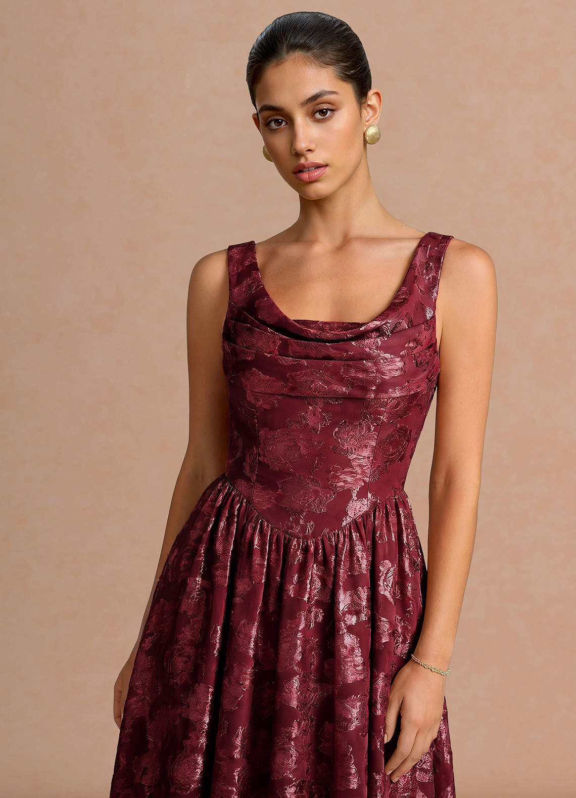 Novi A-Line Draped-Neck Floral Fil Coupé Evening Dress in Wine