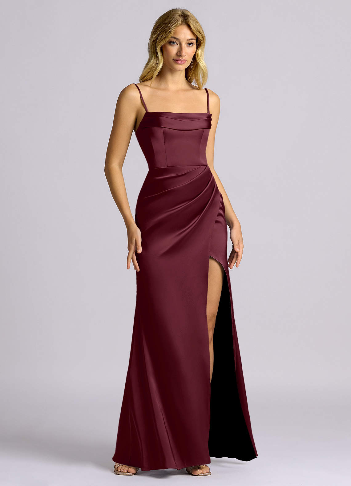 Auden Sheath Off-the-Shoulder Stretch Satin Bridesmaid Dress in Cabernet