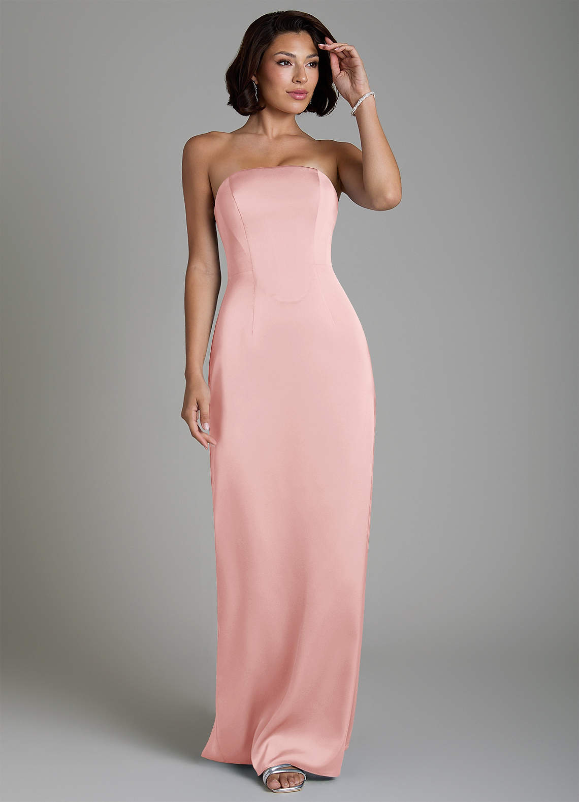 Fallyn Sheath Strapless Stretch Satin Bridesmaid Dress in Powder Pink