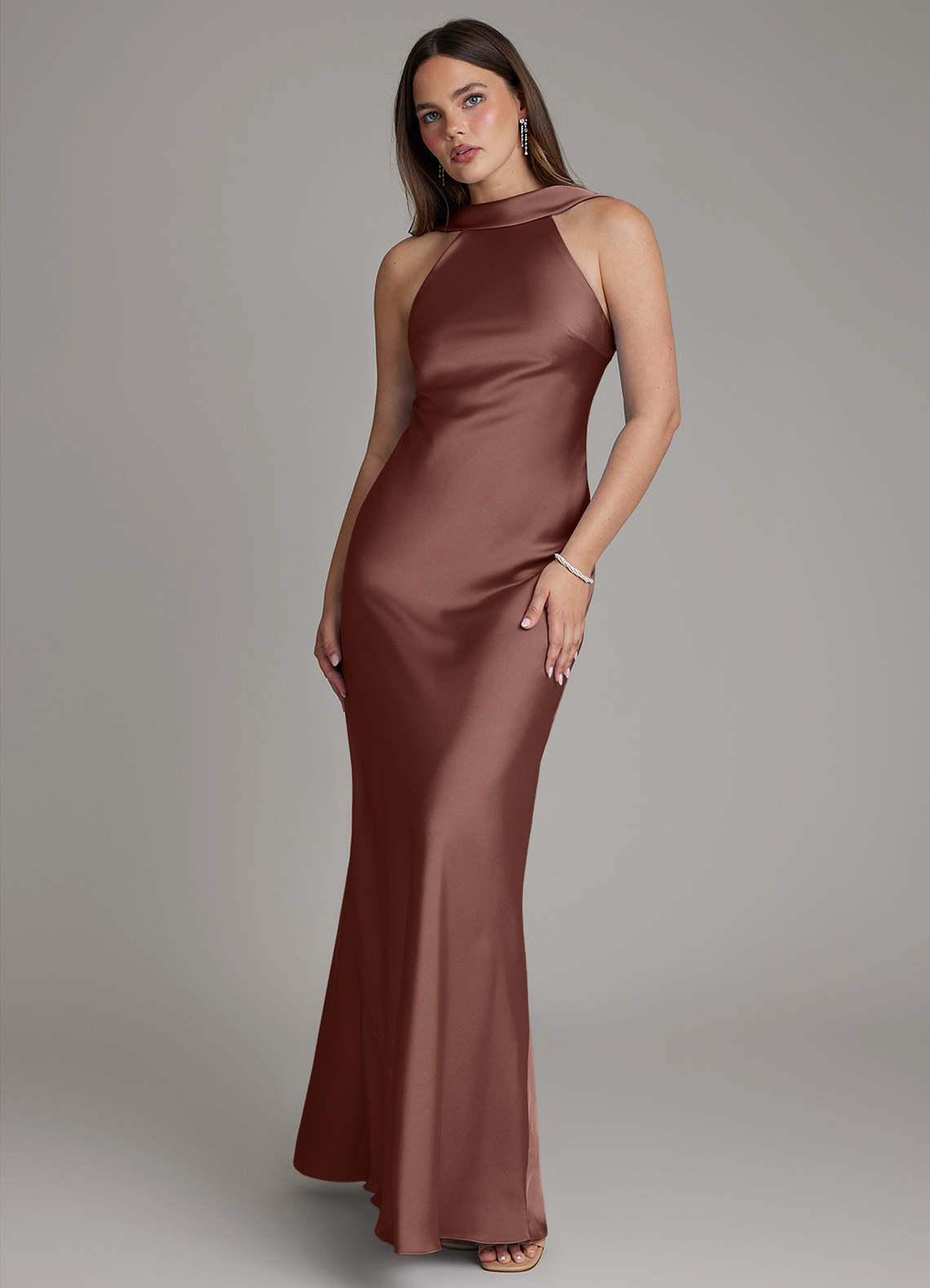 Dimitra Sheath Halter Stretch Satin Bridesmaid Dress in Espresso