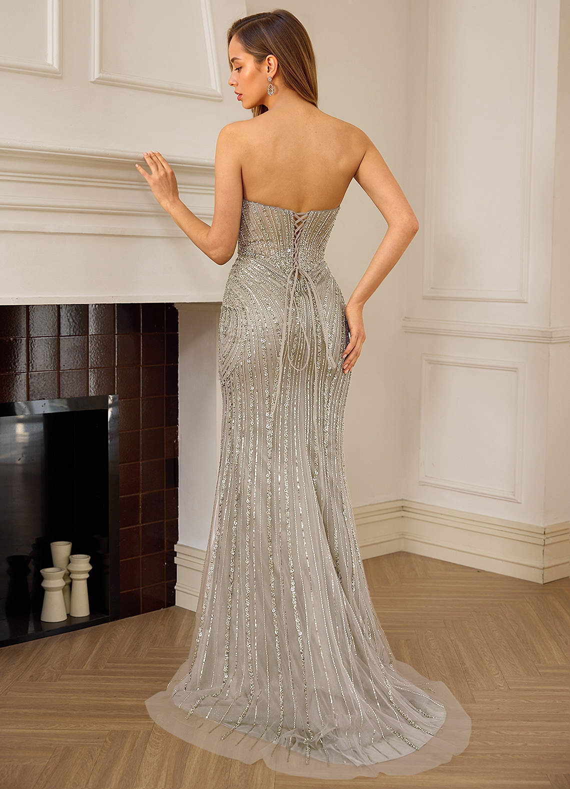 Katheron Mermaid Sweetheart Beaded Tulle Evening Dress in Silver