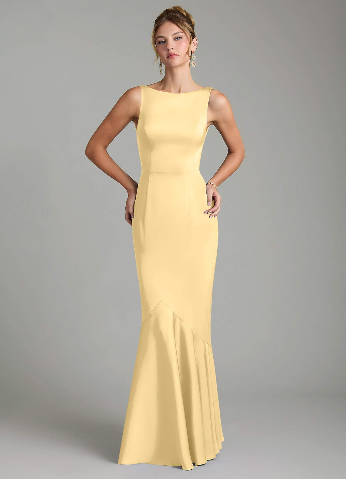 Tamera Mermaid Boat-Neck Stretch Satin and Chiffon Bridesmaid Dress in Butter