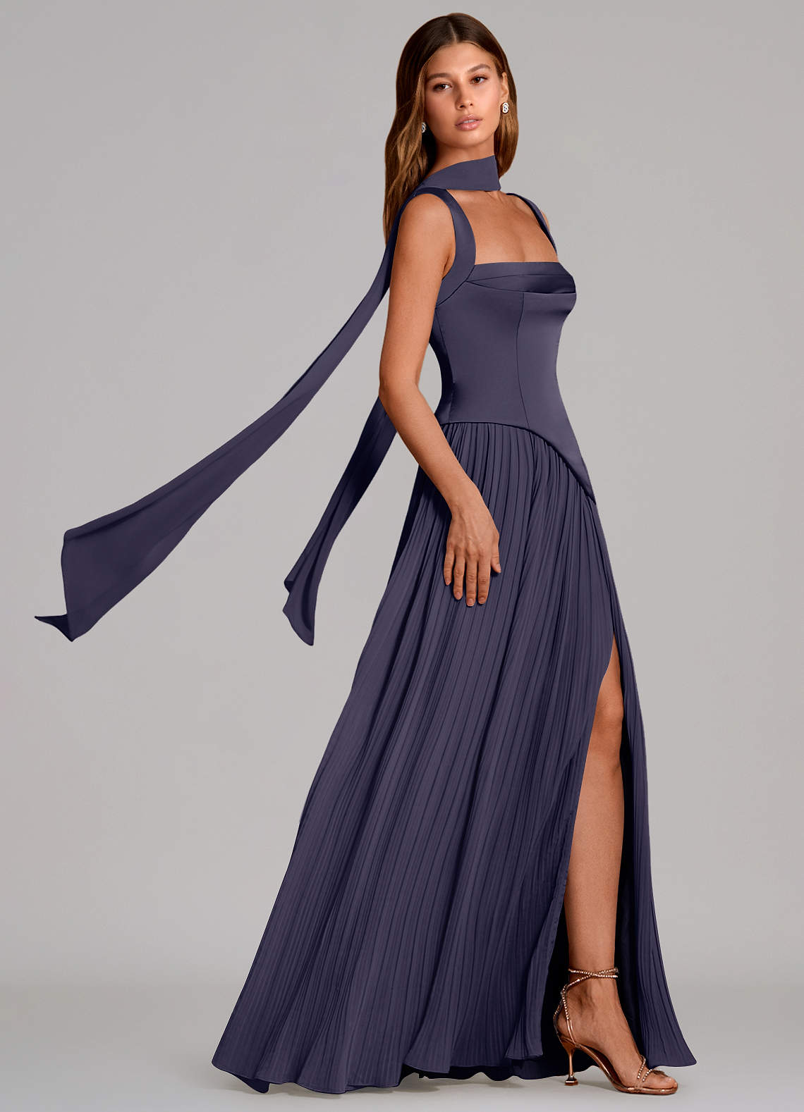 Stephanie A-Line Square-Neck Stretch Satin and Chiffon Bridesmaid Dress in Stormy