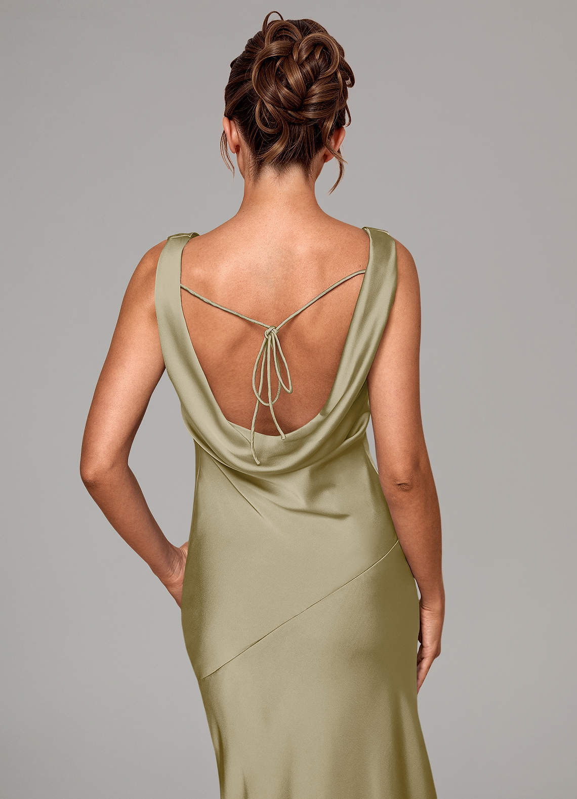 Rylina Mermaid Cowl-Neck Stretch Satin Bridesmaid Dress in Moss Green
