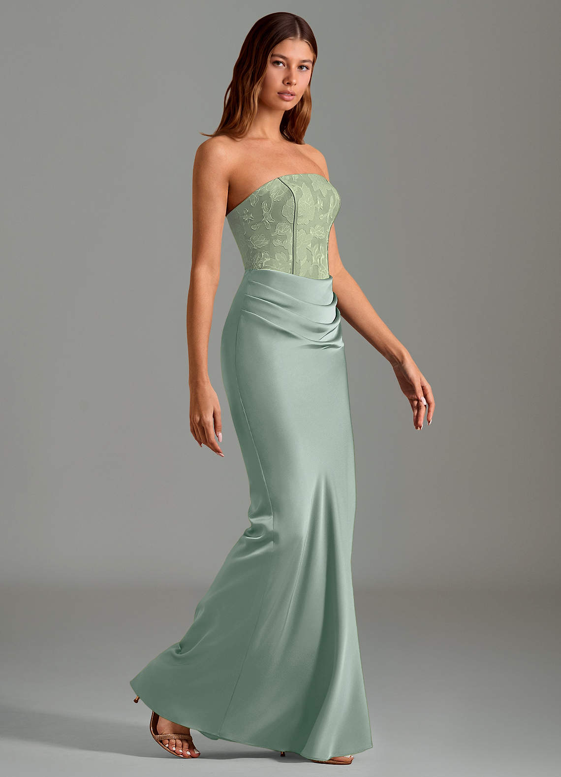 Emilia Mermaid Strapless Stretch Satin and Floral Burnout Bridesmaid Dress in Agave