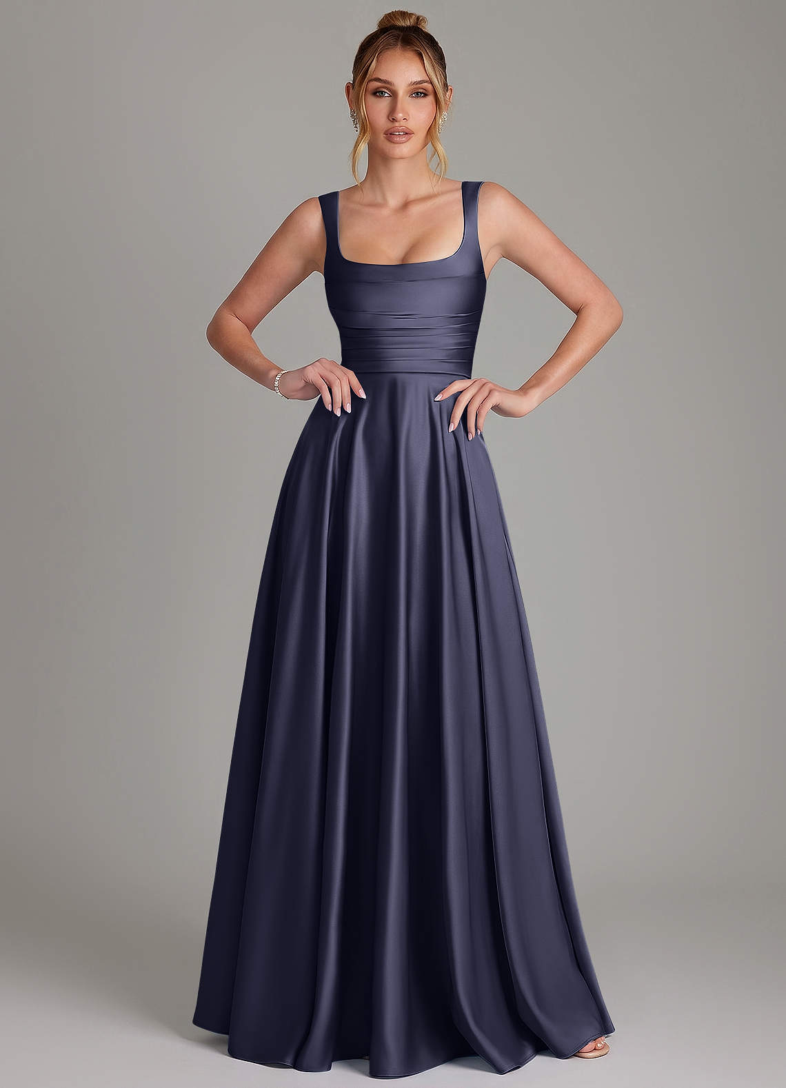 Azaria A-Line Square-Neck Stretch Satin Bridesmaid Dress in Stormy