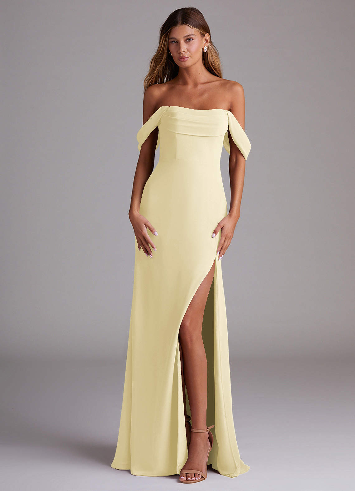 Saige A-Line Off-the-Shoulder Chiffon Bridesmaid Dress in Lemon Sorbet