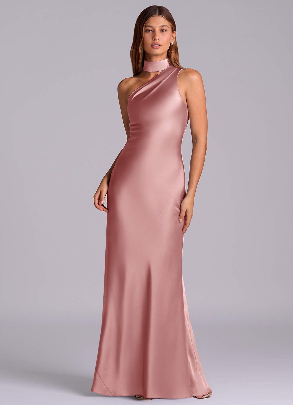 Seona Mermaid One-Shoulder Stretch Satin and Tulle Bridesmaid Dress in dusty rose