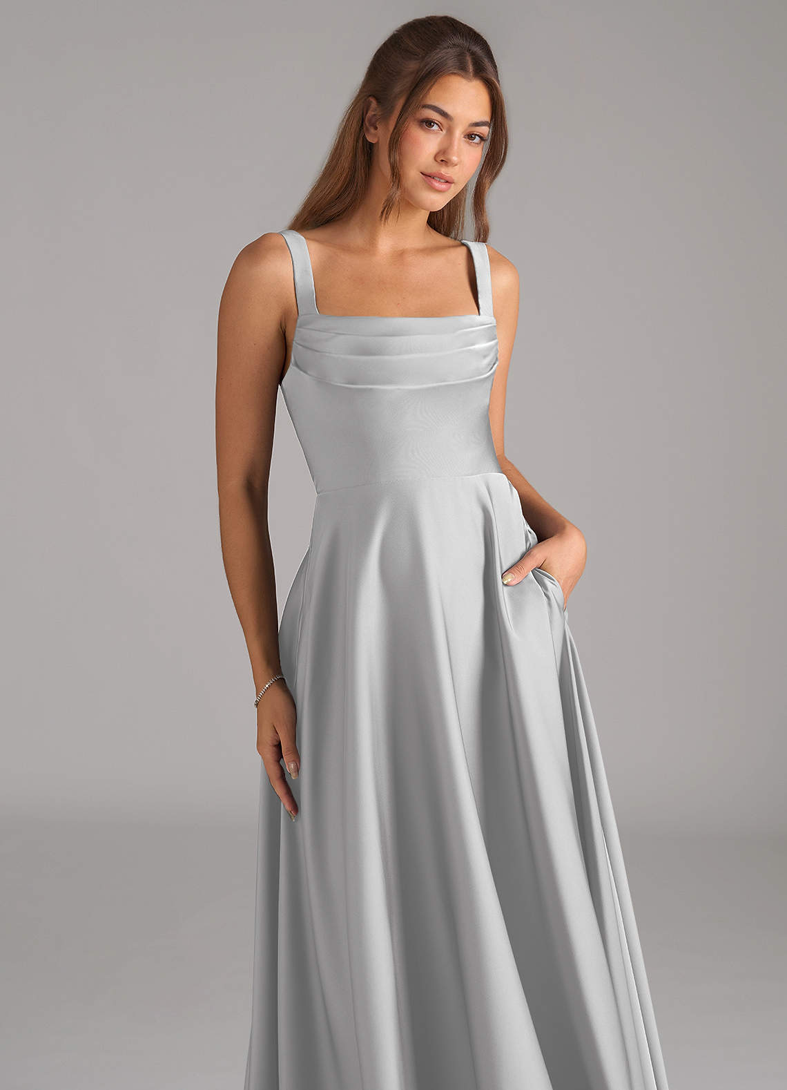Shaude A-Line Square-Neck Stretch Satin Bridesmaid Dress in Silver