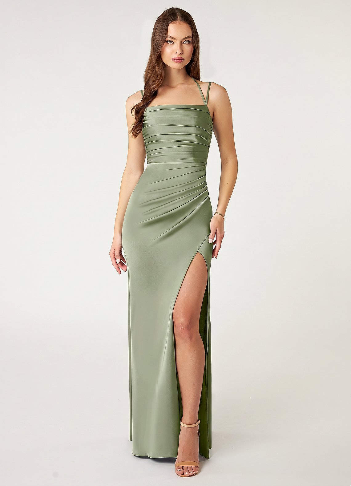 Desi Sheath Halter Stretch Satin Bridesmaid Dress in Pistachio