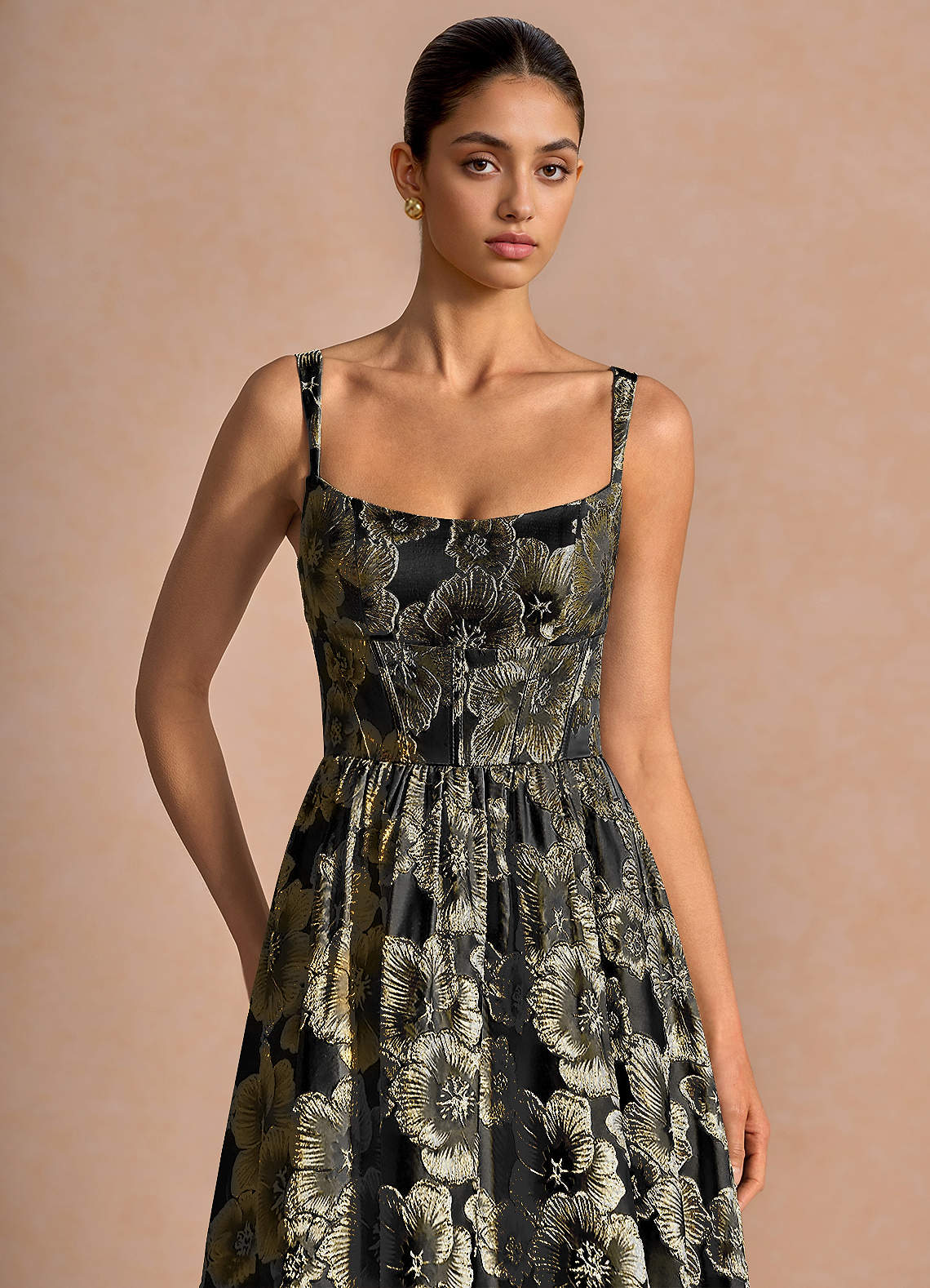 Julietteh A-Line Strappy Jacquard Taffeta Evening Dress in Black