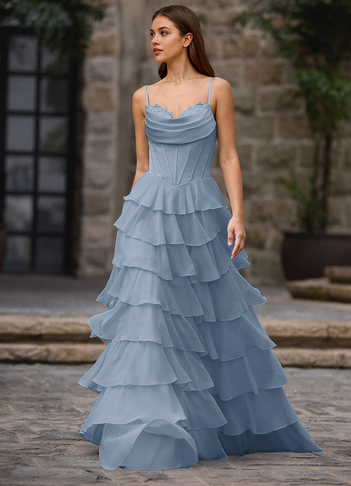 Floralace A-Line Ruffle Chiffon Evening Dress in Powder Blue