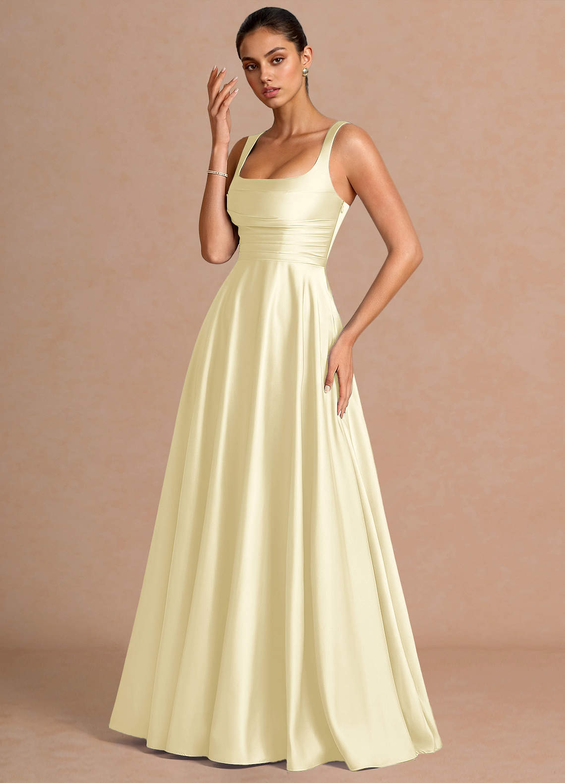 Azaria A-Line Square-Neck Stretch Satin Wedding Guest Dress in Butter Yellow