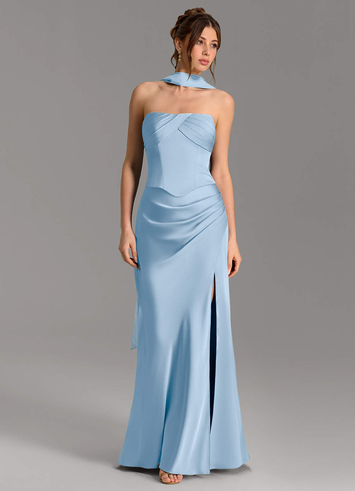 Nicki Sheath Scoop-Neck Stretch Satin Bridesmaid Dress in Powder Blue
