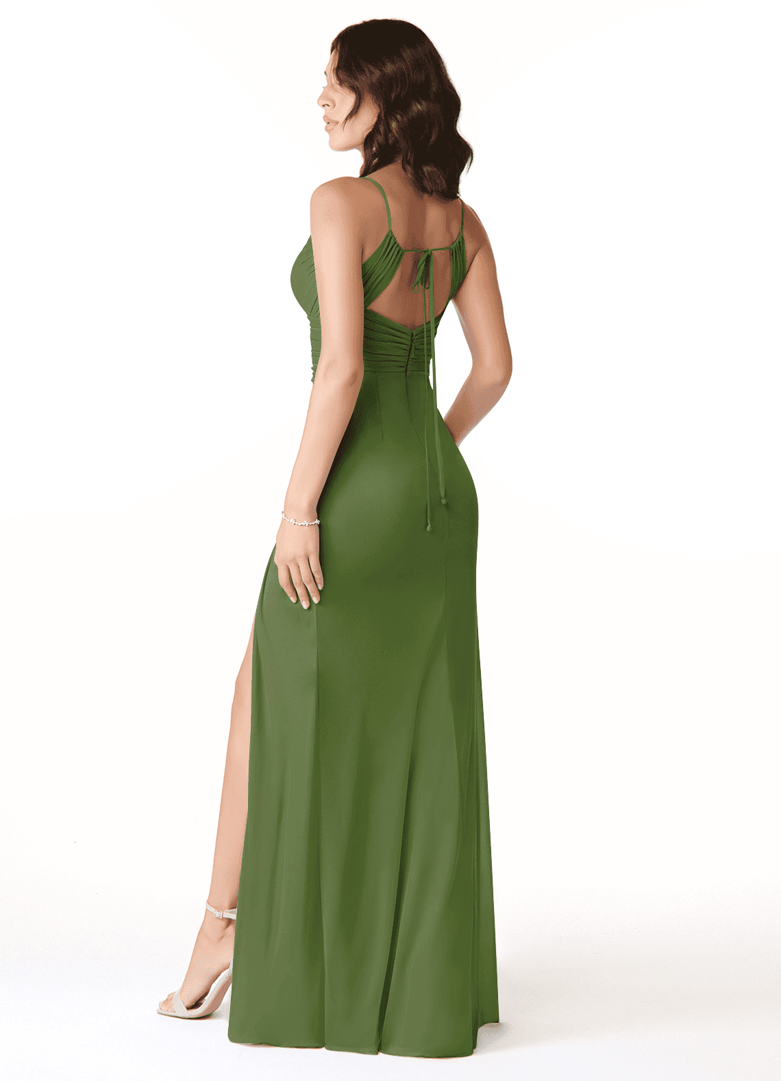 Reneya Mermaid V-Neck Mesh Bridesmaid Dress in Olive