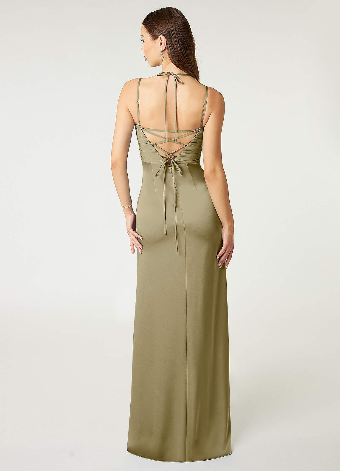 Desi Sheath Halter Stretch Satin Bridesmaid Dress in Moss Green