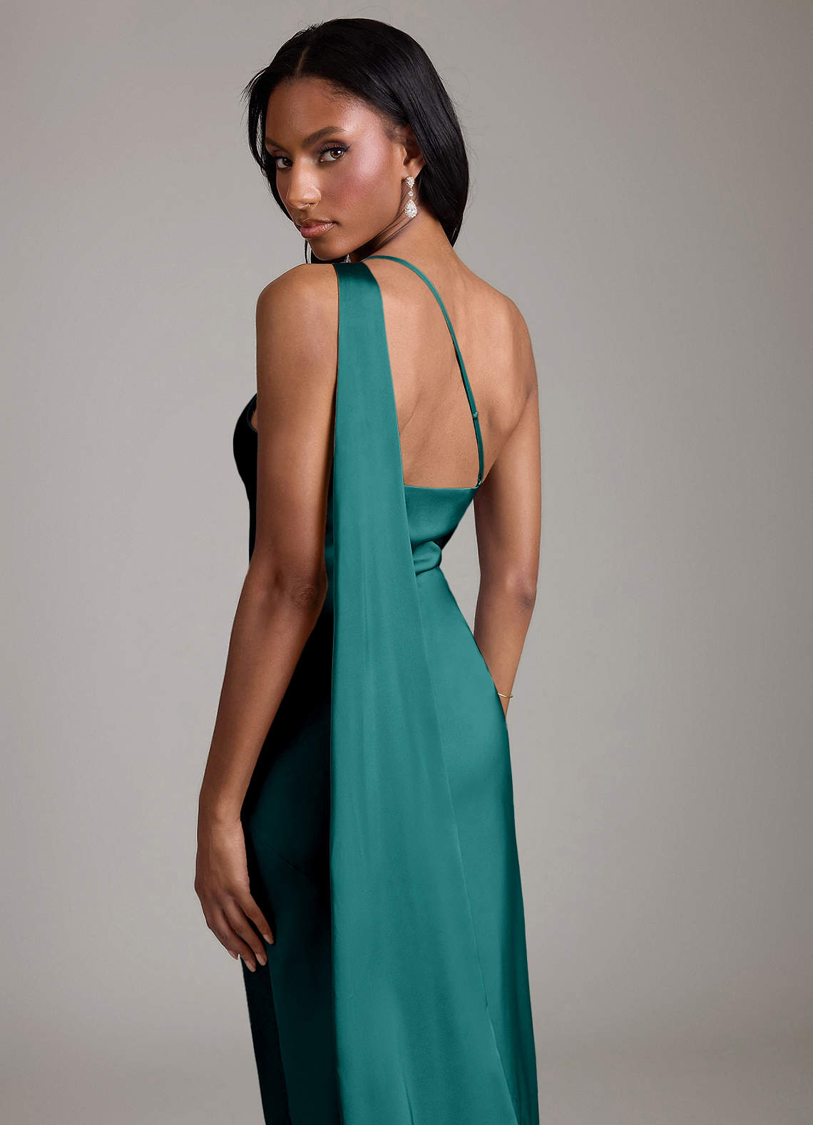 Juniper Mermaid One-Shoulder Stretch Satin Bridesmaid Dress in Peacock