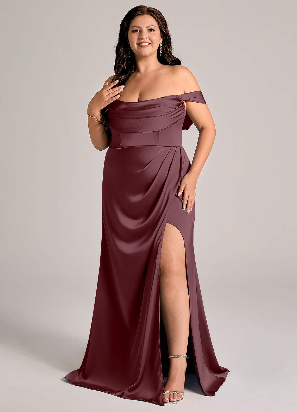 Johana Mermaid Off-the-Shoulder Stretch Satin Bridesmaid Dress in Sangria