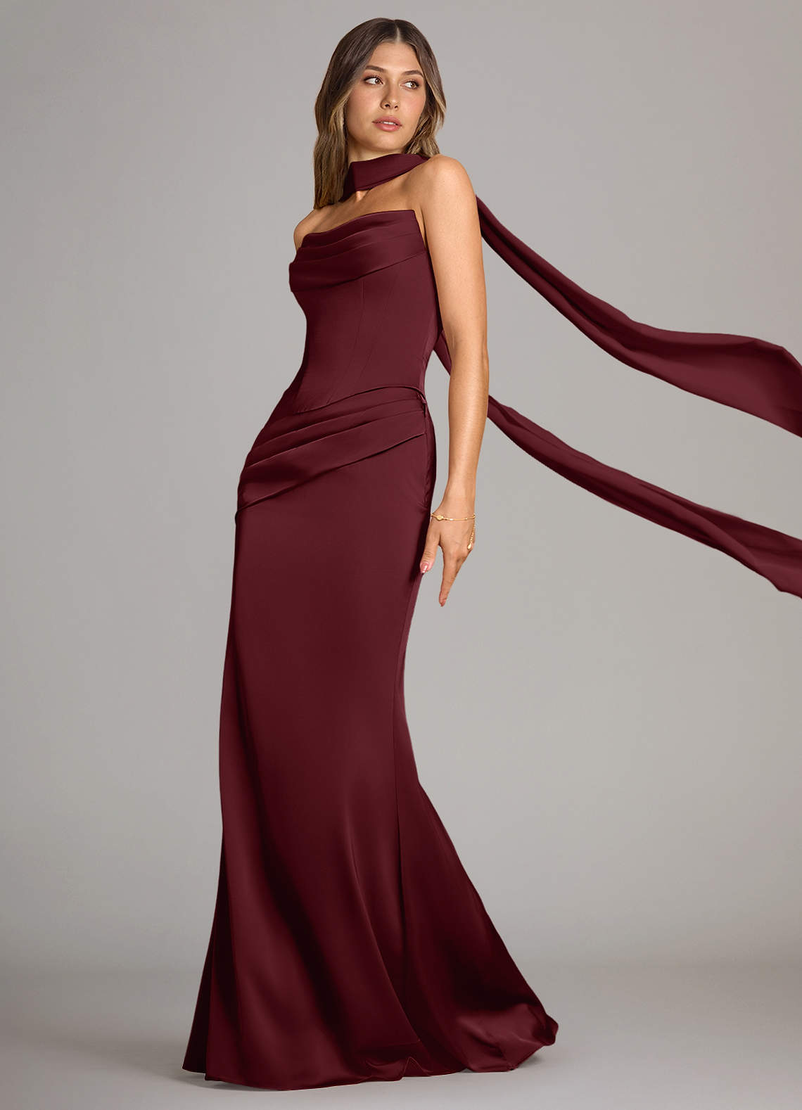 Sorrel Mermaid Corset Stretch Satin Evening Set in Wine