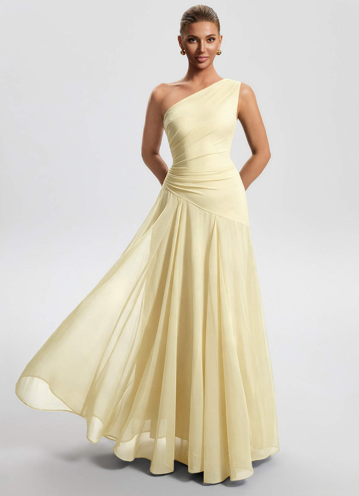 Sylvaine A-Line One-Shoulder Chiffon Wedding Guest Dress in Lemon Sorbet