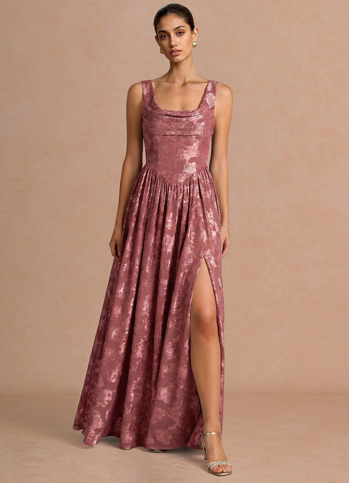 Novi A-Line Draped-Neck Floral Fil Coupé Evening Dress in Lemon Sorbet