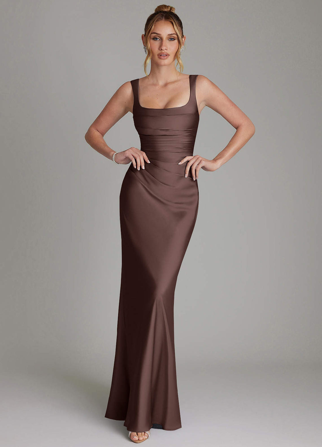 Agustina Mermaid Square-Neck Stretch Satin Bridesmaid Dress in Ganache