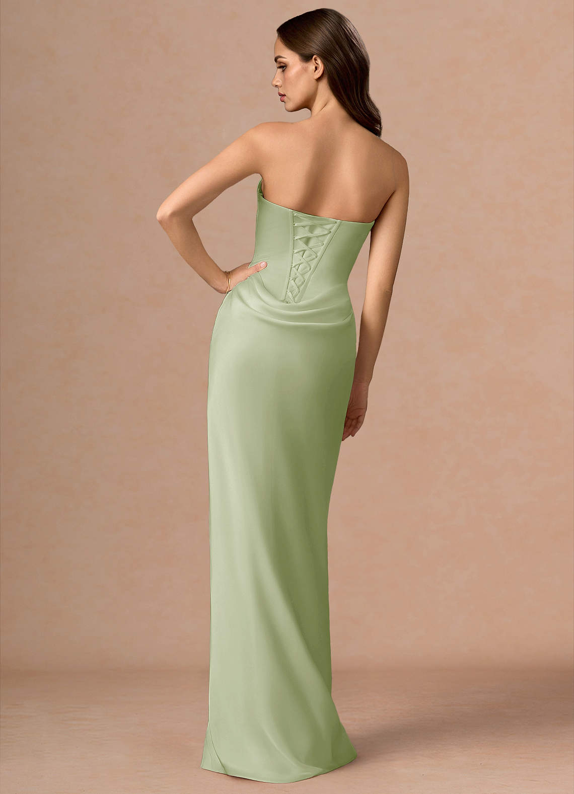 Valencia Scarf Lace-Up Stretch Satin Evening Dress in Light Green