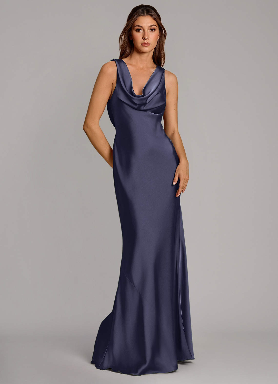 Cheryl Mermaid Cowl-Neck Stretch Satin Bridesmaid Dress in Stormy