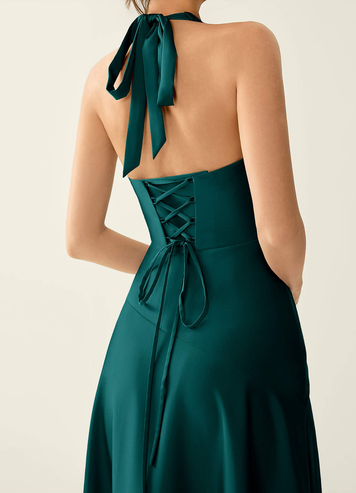 Titania Halter Asymmetric-Ruffle Satin Evening Dress in Peacock