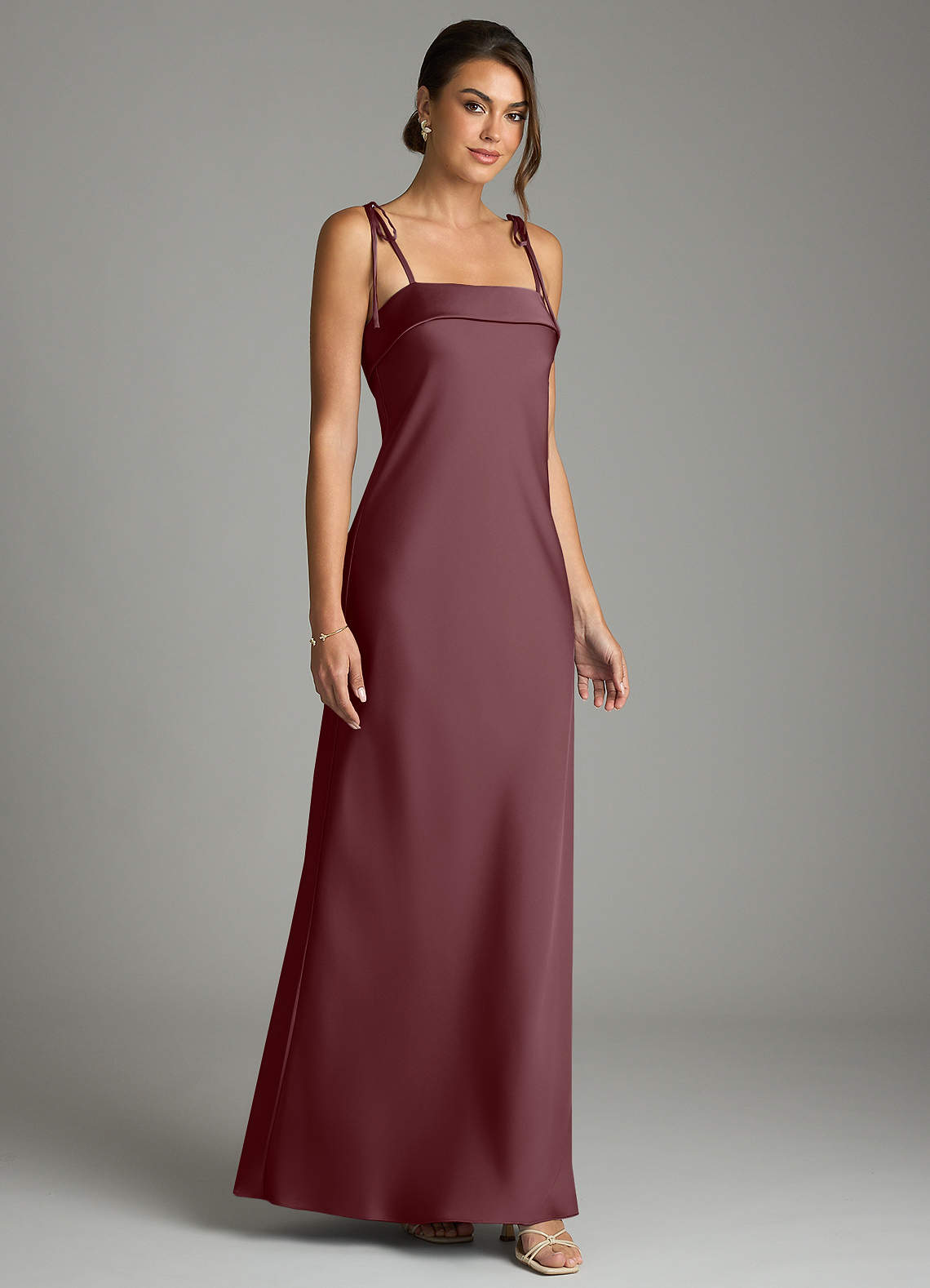 Ellia Sheath Straight-Neck Stretch Satin Bridesmaid Dress in Sangria