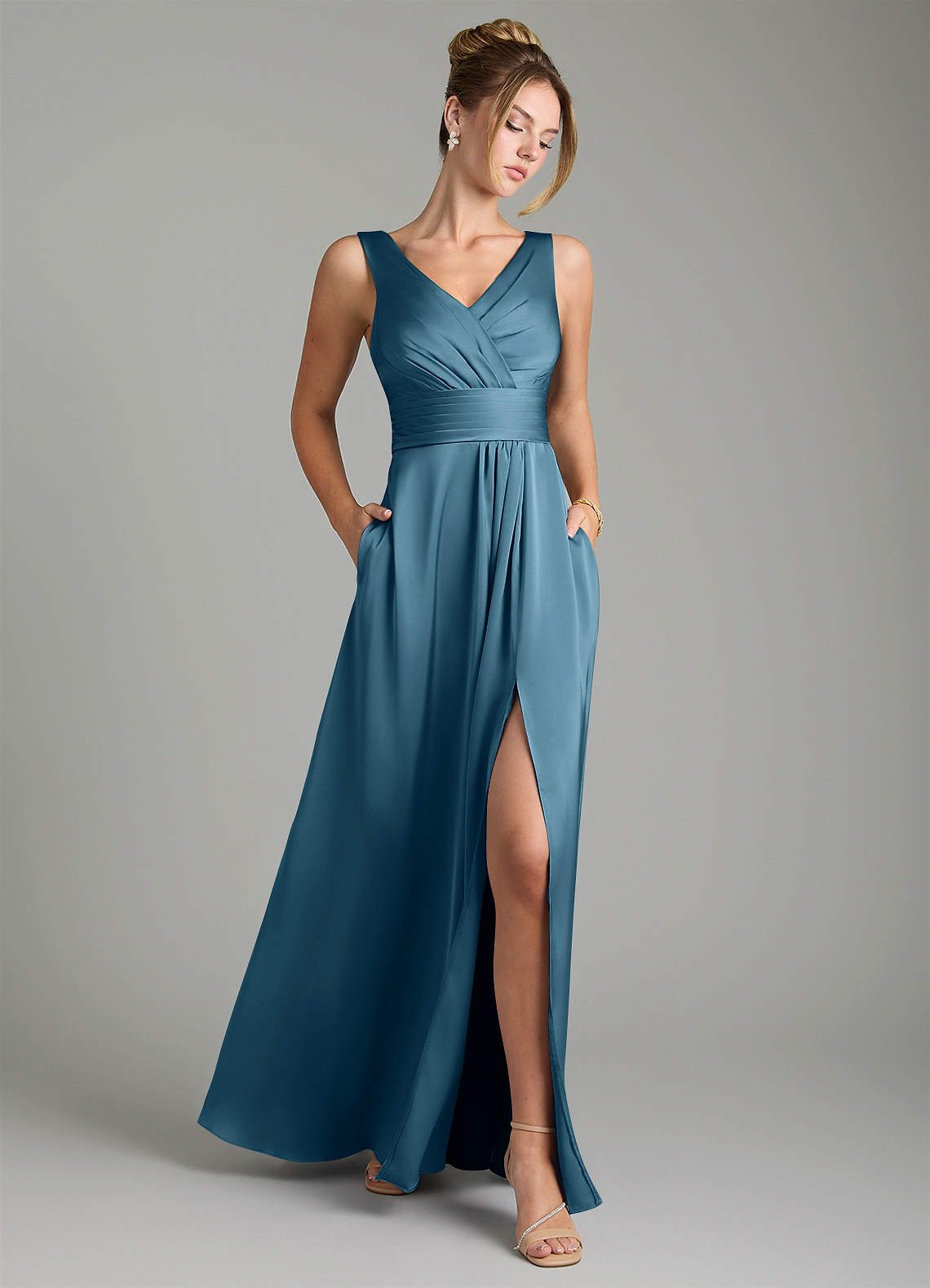 Karina A-Line V-Neck Stretch Satin Bridesmaid Dress in Bermuda