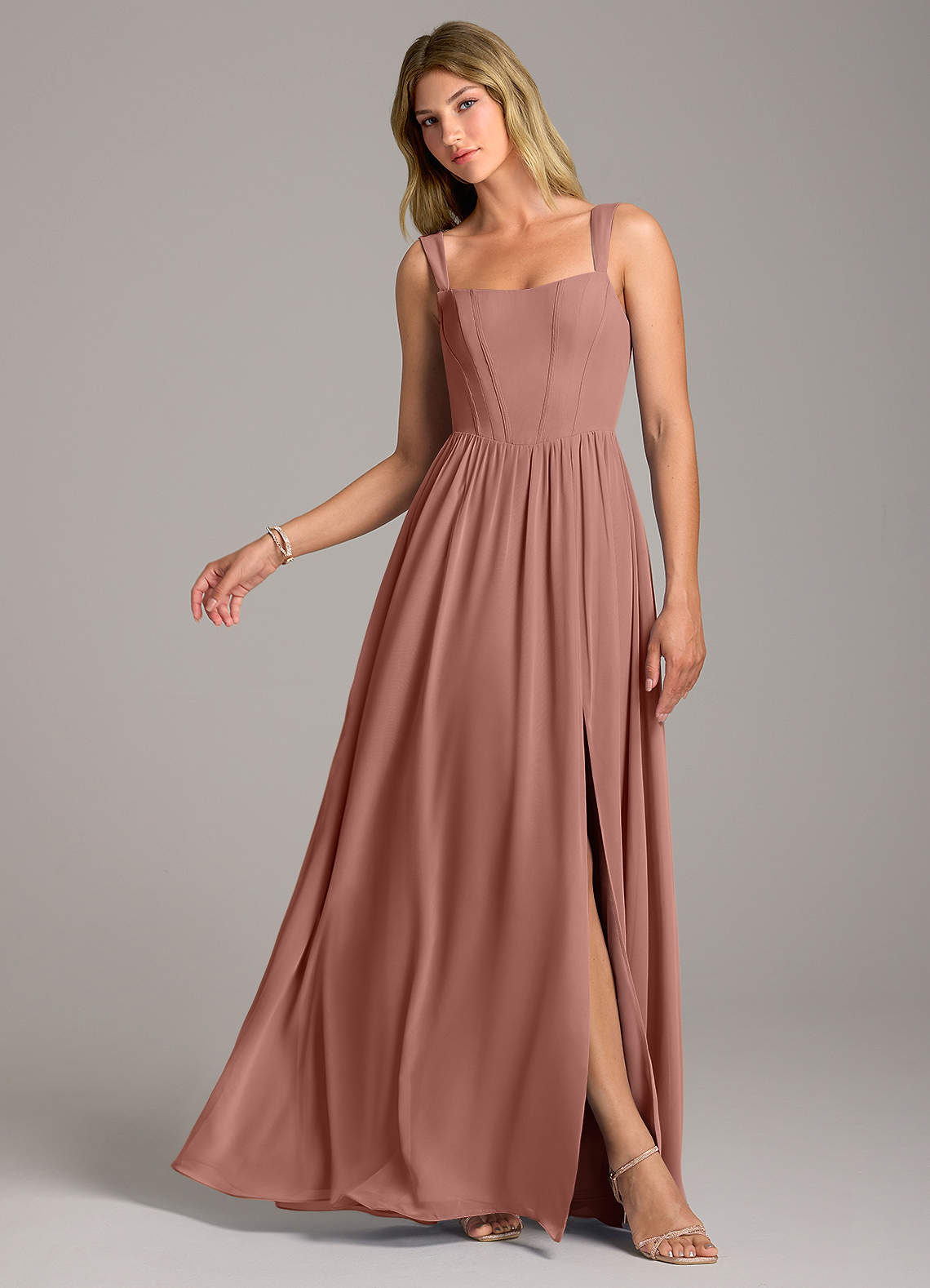 Rosaline A-Line Square-Neck Chiffon Bridesmaid Dress in Cedar Rose