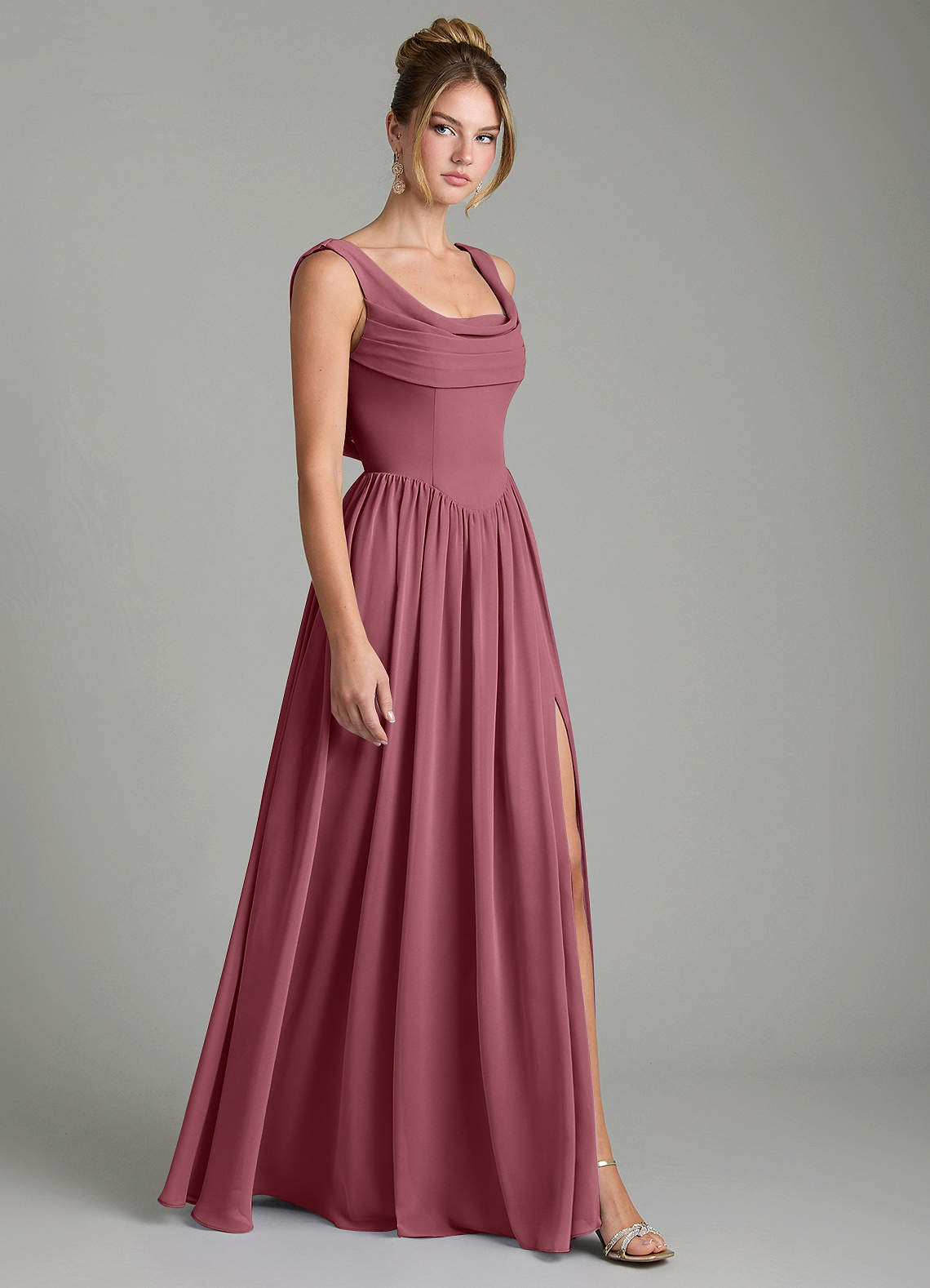 Novi A-Line Square-Neck Chiffon Bridesmaid Dress in Desert Rose